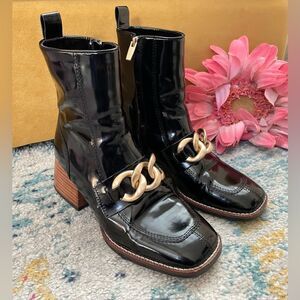 Steve Madden Loreen Ankle Boots Black Patent Gold Chain 7.5